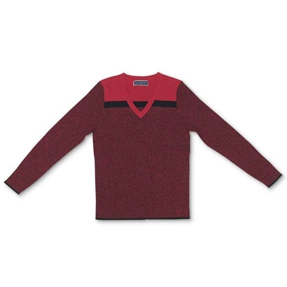 Karen Scott Alex Cotton Colorblocked V-Neck Sweater New Red Amore Combo M - Picture 1 of 2